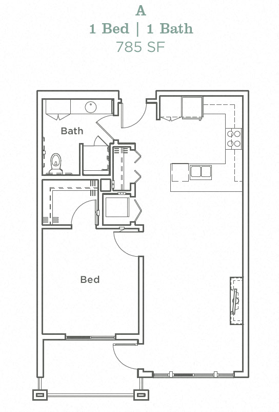 Floor plan for 1 bed, 1 bath, 820 sqft
